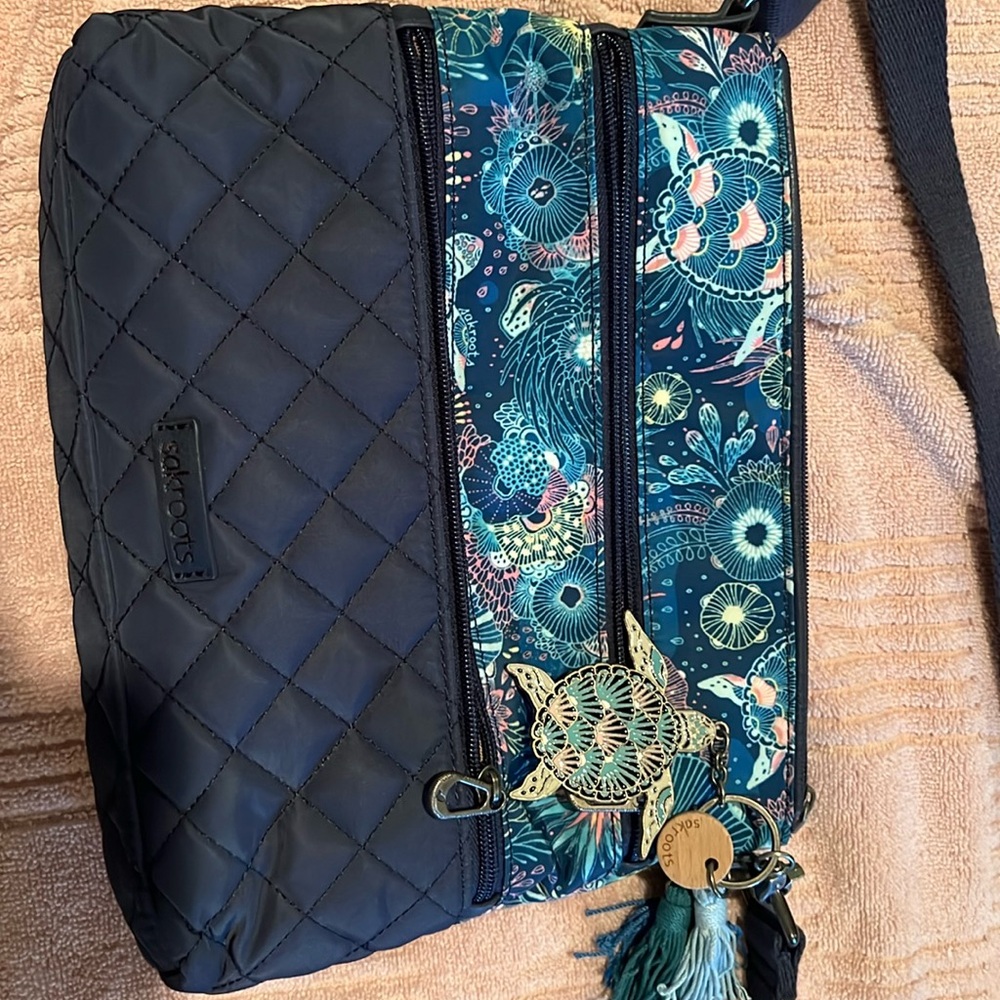 Sakroots Navy Quilted Crossbody Bag with Teal Floral Panel